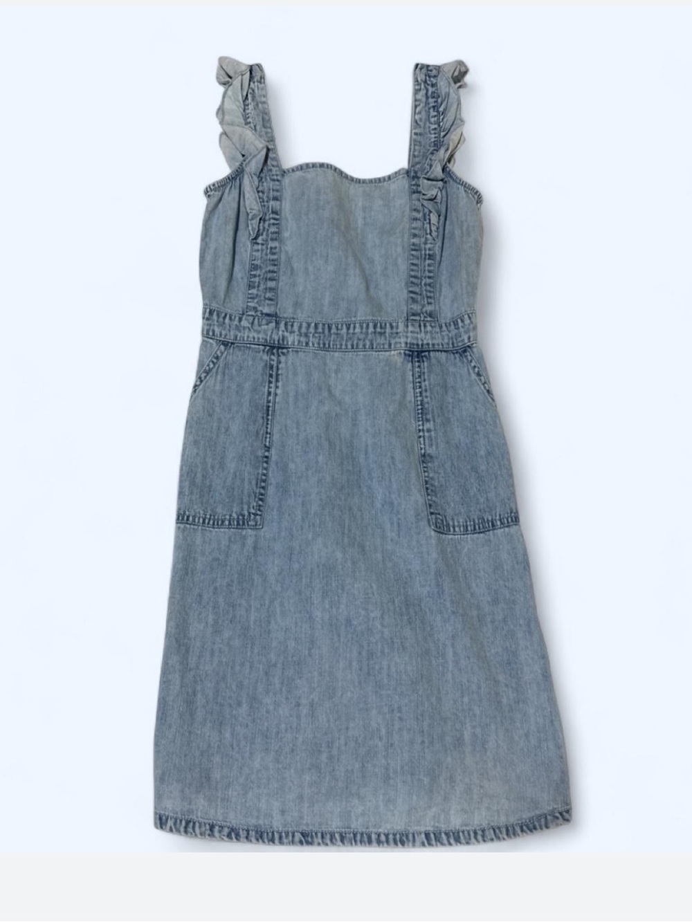 Japna M Denim Blue ruffle straps gathered back overall dress with pockets